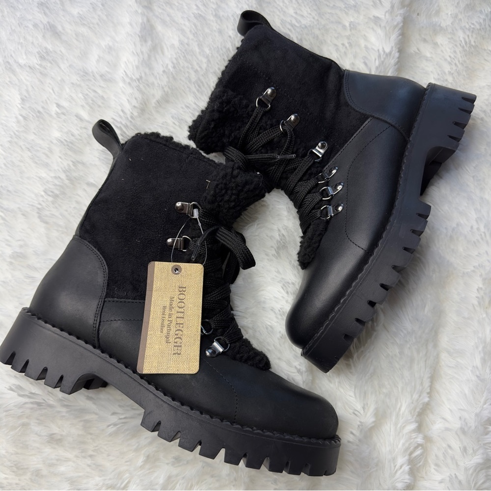 Bootlegger | Black NWT 7 1/2 Military Combat Lace Up Sherpa Leather Boots